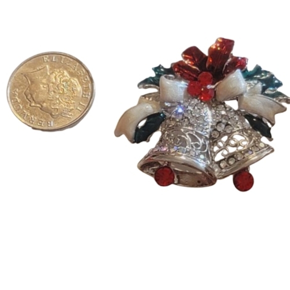 Vintage Avon Silver Tone Christmas Bells Enamel Red Rhinestone Brooch Pin 1980s - Picture 3 of 5